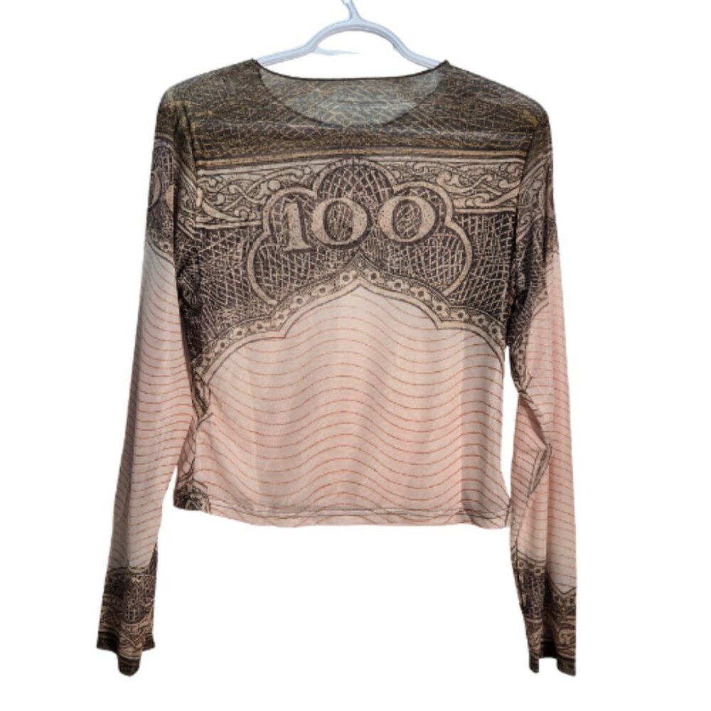 NIP | Sheer Mesh "100" Currency Print Top | Long Sleeve | Crew Neck | XL - Picture 3 of 7